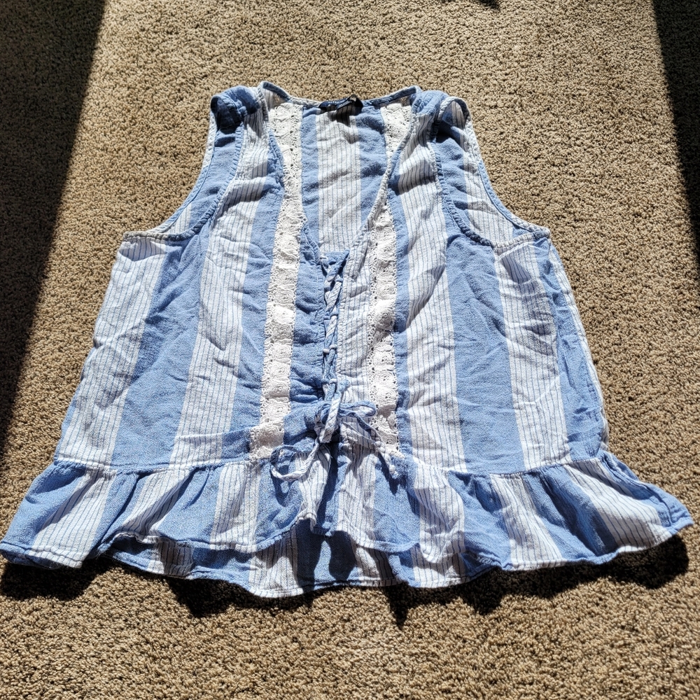American Eagle Womens Tank Top 100% Cotton Blouse M Blue White Striped Tie Flare